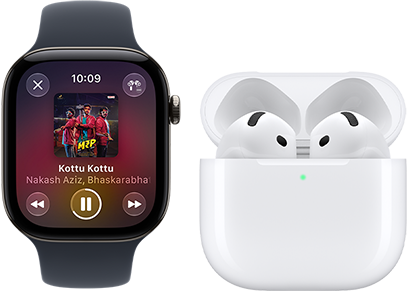 Apple Watch Series 12, aluminum case, black color, black Sport Band, Apple Music app open, paired with AirPods 4