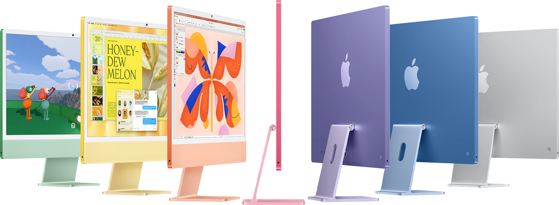 iMac in green, yellow, orange, pink, purple, blue and silver, shown from the front, side and back
