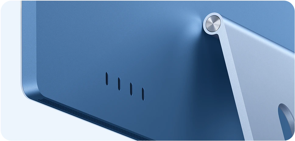 Back of the blue iMac and its stand