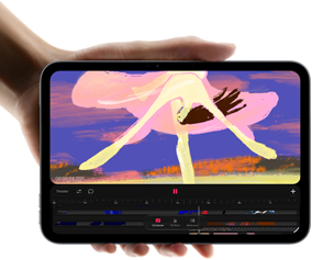 iPad mini, displayed in hand, front view, showing video editing interface with colorful clips, A20 Pro chip mentioned below