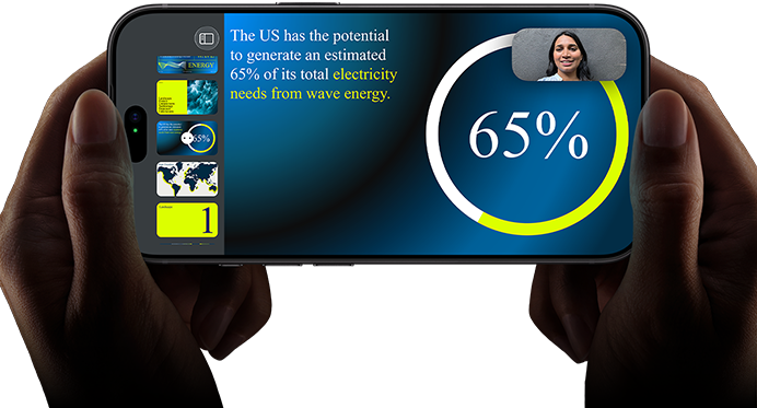Horizontal video call demonstration of a keynote presentation on iPhone 18 Pro, Black