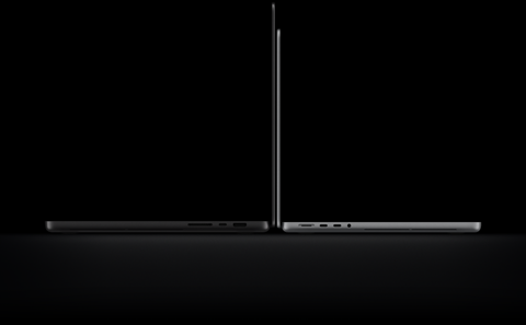 16-inch MacBook Pro with PROLED XDR Display, open lid, space black color, right side exterior with three ports, text reads: 4.0 pounds, 14-inch MacBook Pro with PROLED XDR Display, open lid, silver color, left side exterior with four ports, text reads: 3.0 pounds