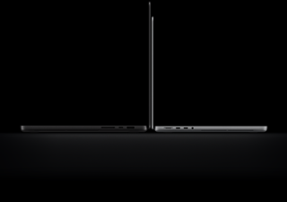 16-inch MacBook Pro with PROLED XDR Display, open lid, space black color, right side exterior with three ports, text reads: 4.0 pounds, 14-inch MacBook Pro with PROLED XDR Display, open lid, silver color, left side exterior with four ports, text reads: 3.0 pounds