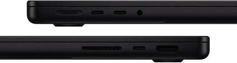 Showing the ports on MacBook Pro — left side: MagSafe, two Thunderbolt ports, and headphone jack — right side: SDXC, one Thunderbolt port, and HDMI