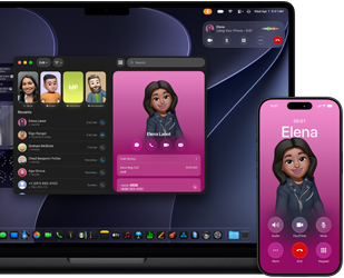 MacBook Pro and iPhone, Phone app open, same contact displayed on both screens