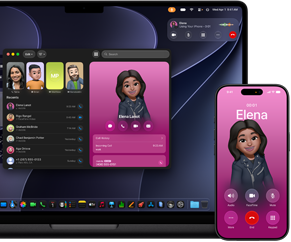 MacBook Pro and iPhone, Phone app open, same contact displayed on both screens