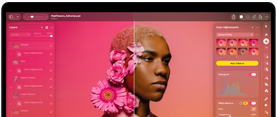 MacBook Pro screen of a photo of a person being edited in Adobe Lightroom